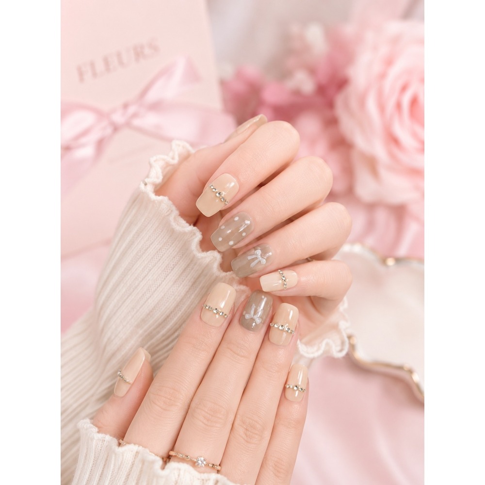 NEW Nail Tip Press On Nails Beige Rhinestone Bow Polka Dot Square Short Small